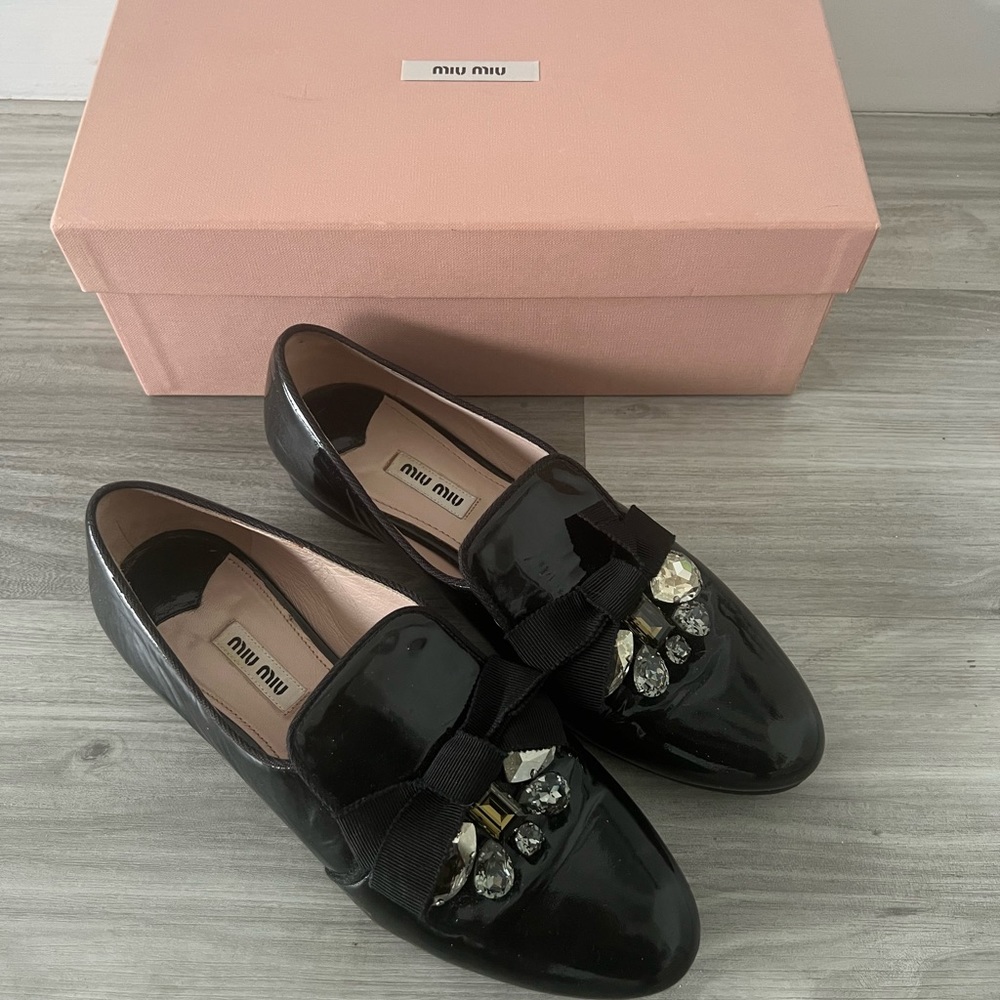 Miu Miu Black Patent Leather Loafers with Rhinestones Size 8/38
